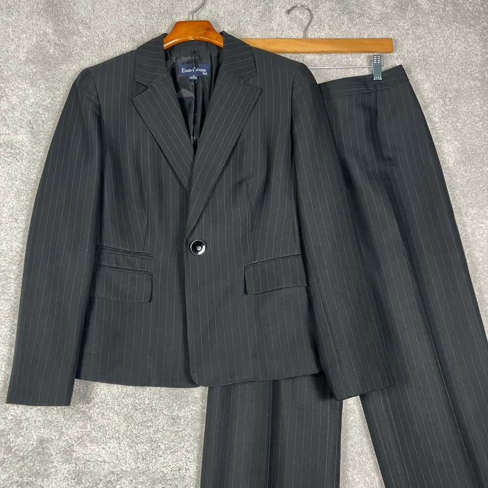 Evan-Picone Pant Suit Women 10 Black Pinstripe Single Button Blazer Trousers